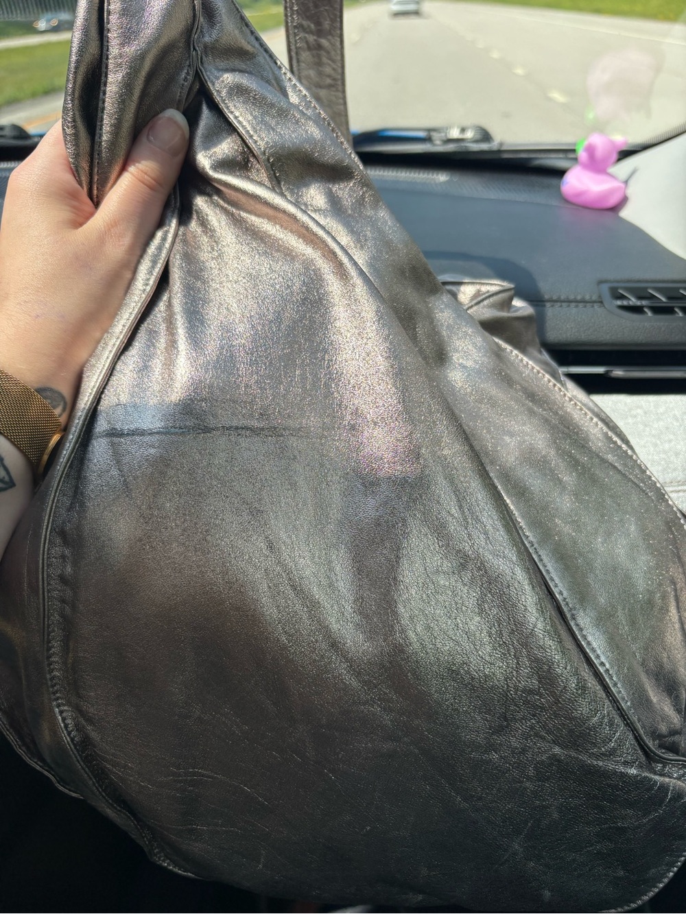 KOOBA Pewter/ Gunmetal Leather Metallic Shoulder Tote - Picture 12 of 16
